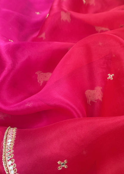 Deep Pink Pure Chiniya Silk Kurta And Kora Silk Dupatta With Handwork