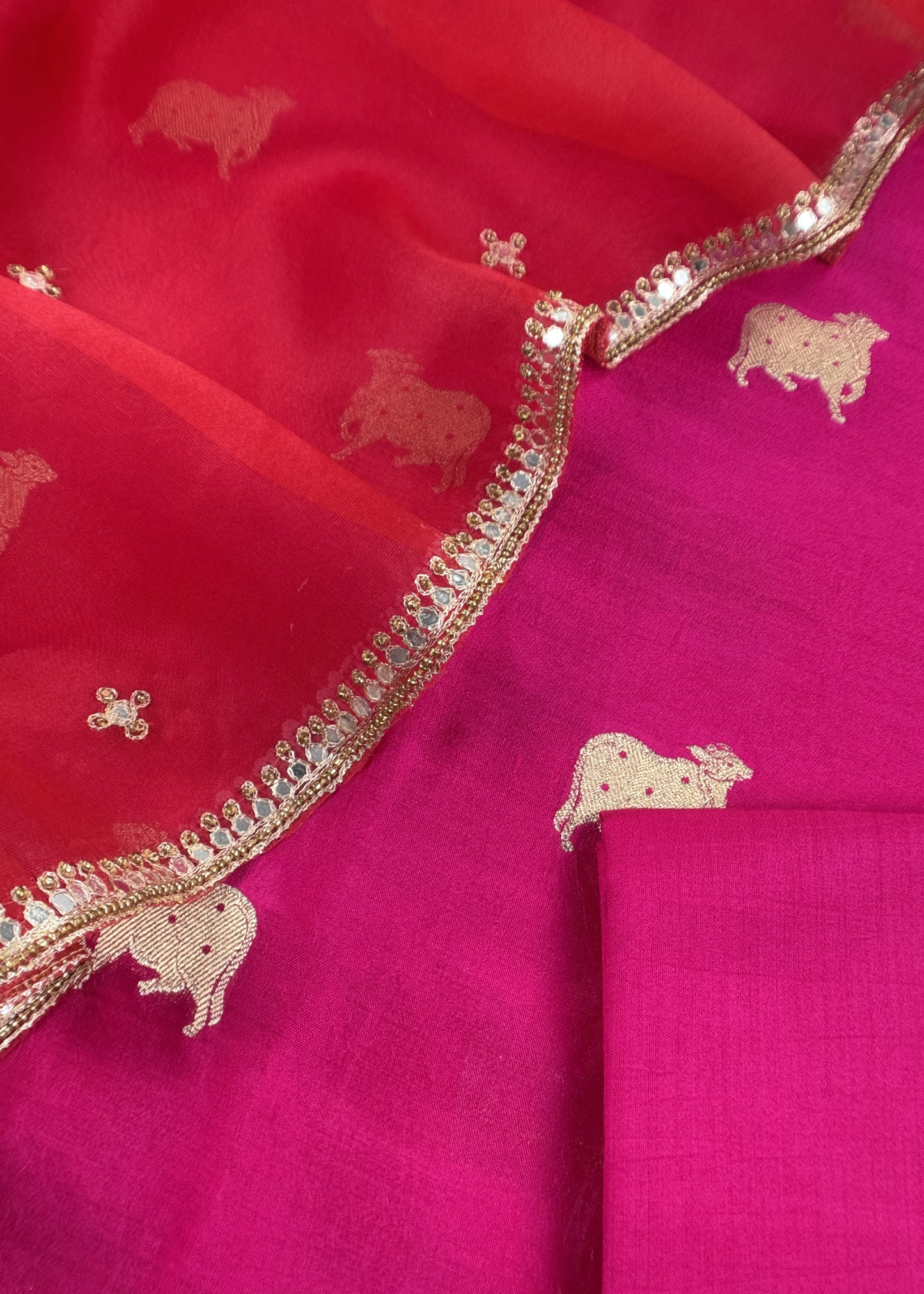 Deep Pink Pure Chiniya Silk Kurta And Kora Silk Dupatta With Handwork