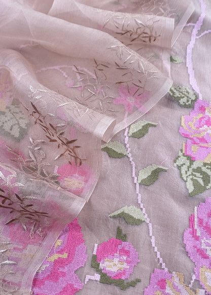 Senorita Dreamy Chikoo Handloom Organza Silk Suit Fabric With Cross-Stitch Embroidery