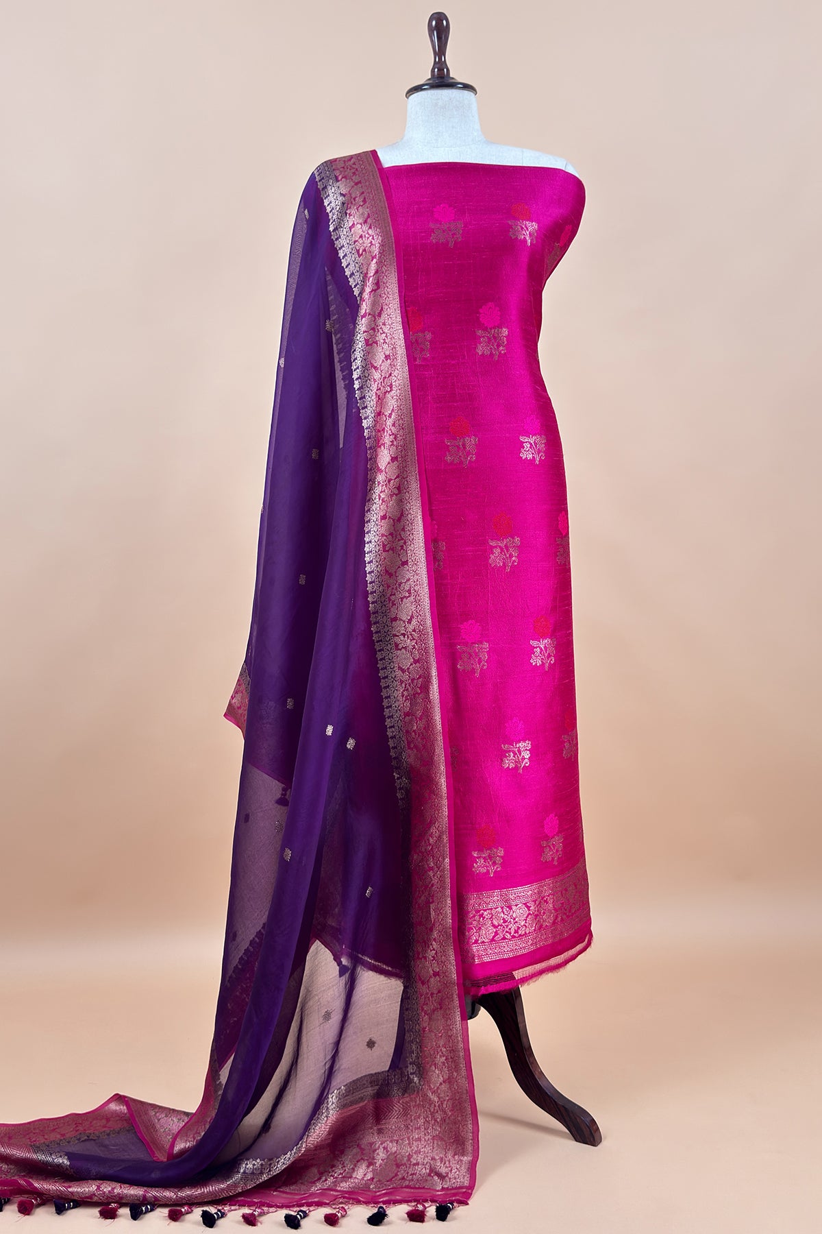 Pink Handloom Raw Silk Suit With Kora Silk Dupatta