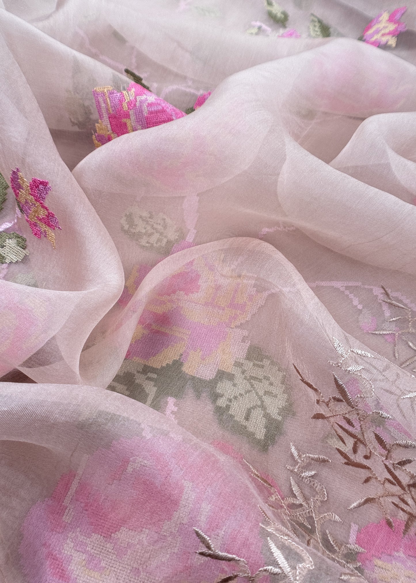 Senorita Dreamy Pink Handloom Organza Silk Suit Fabric With Cross-Stitch Embroidery