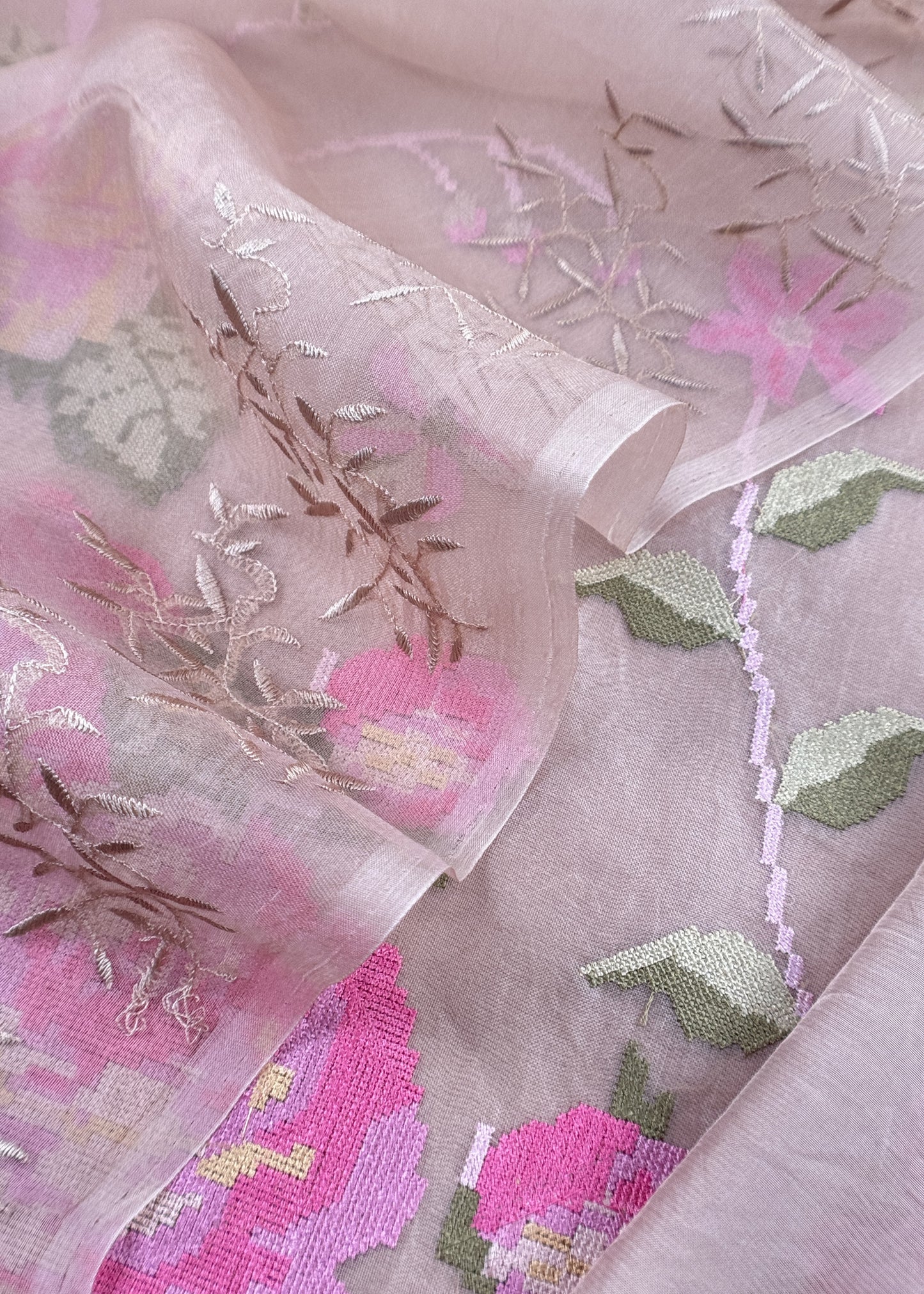 Senorita Dreamy Pink Handloom Organza Silk Suit Fabric With Cross-Stitch Embroidery