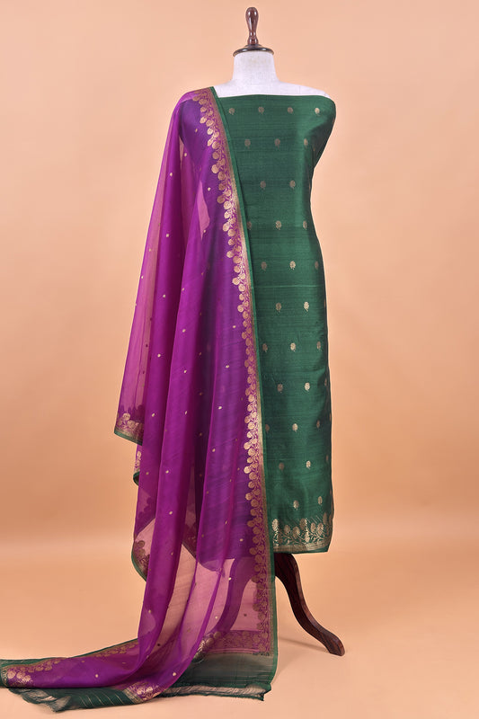 Green Handloom Raw Silk Kurta And Kora Silk Dupatta With Kadwa Weaving