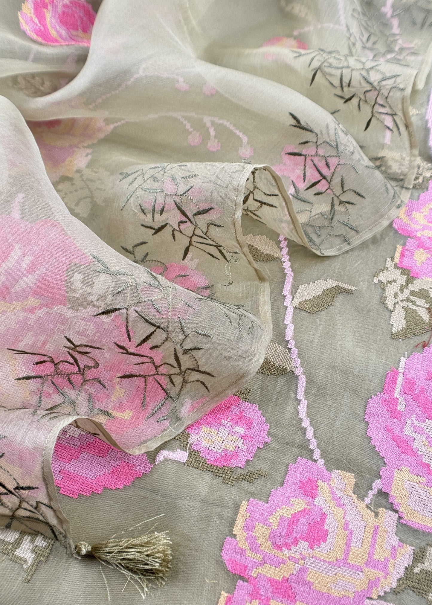 Senorita Dreamy Green Handloom Organza Silk Suit Fabric With Cross-Stitch Embroidery