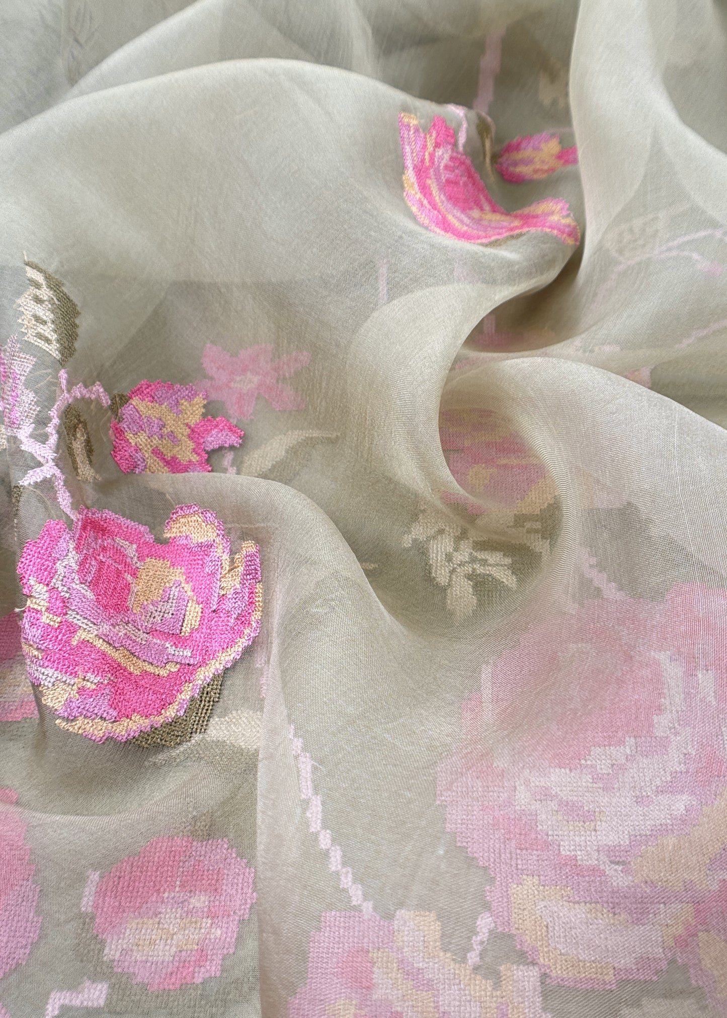 Senorita Dreamy Green Handloom Organza Silk Suit Fabric With Cross-Stitch Embroidery