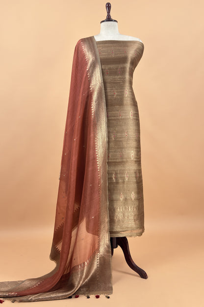 Brown Handloom Raw Silk Kurta And Kora Silk Dupatta With Meenkari Weaving