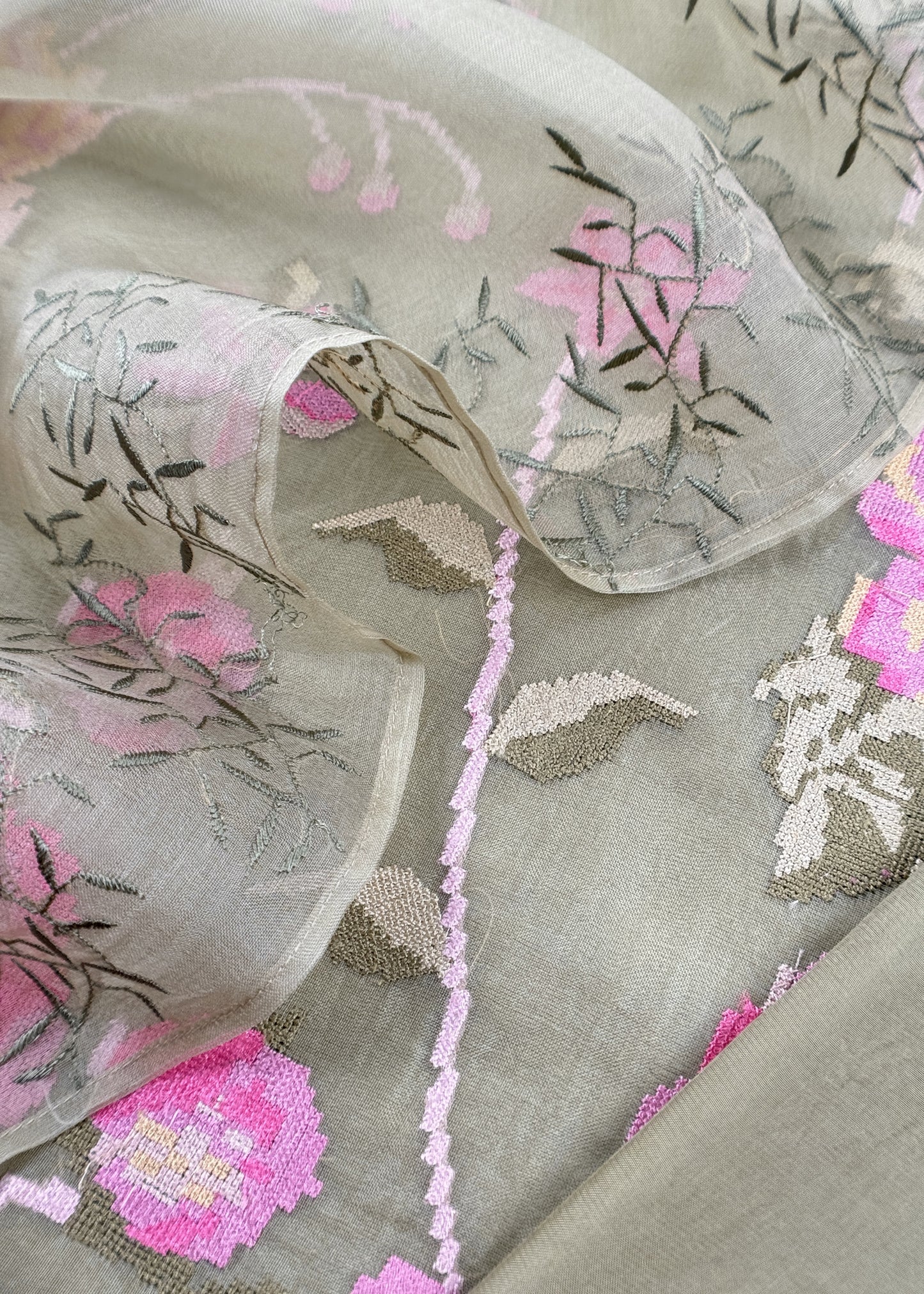 Senorita Dreamy Green Handloom Organza Silk Suit Fabric With Cross-Stitch Embroidery