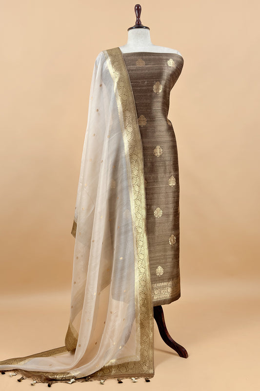 Brown Handloom Raw Silk Kurta And Kora Silk Dupatta With Kadwa Weaving
