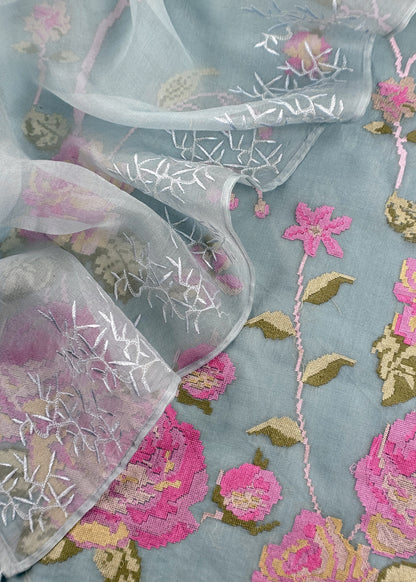 Senorita Dreamy  Blue Handloom Organza Silk Suit Fabric With Cross-Stitch Embroidery