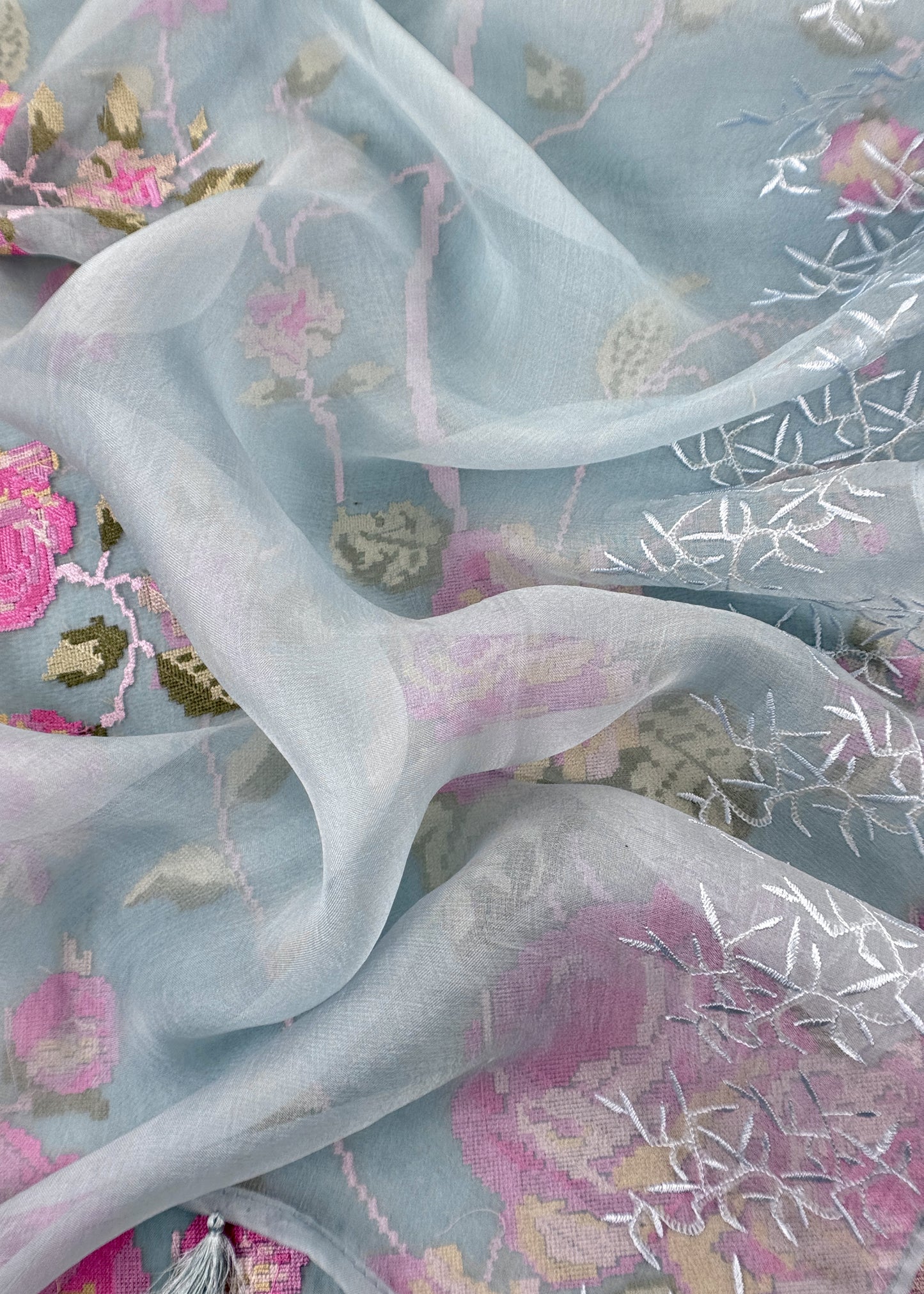 Senorita Dreamy  Blue Handloom Organza Silk Suit Fabric With Cross-Stitch Embroidery