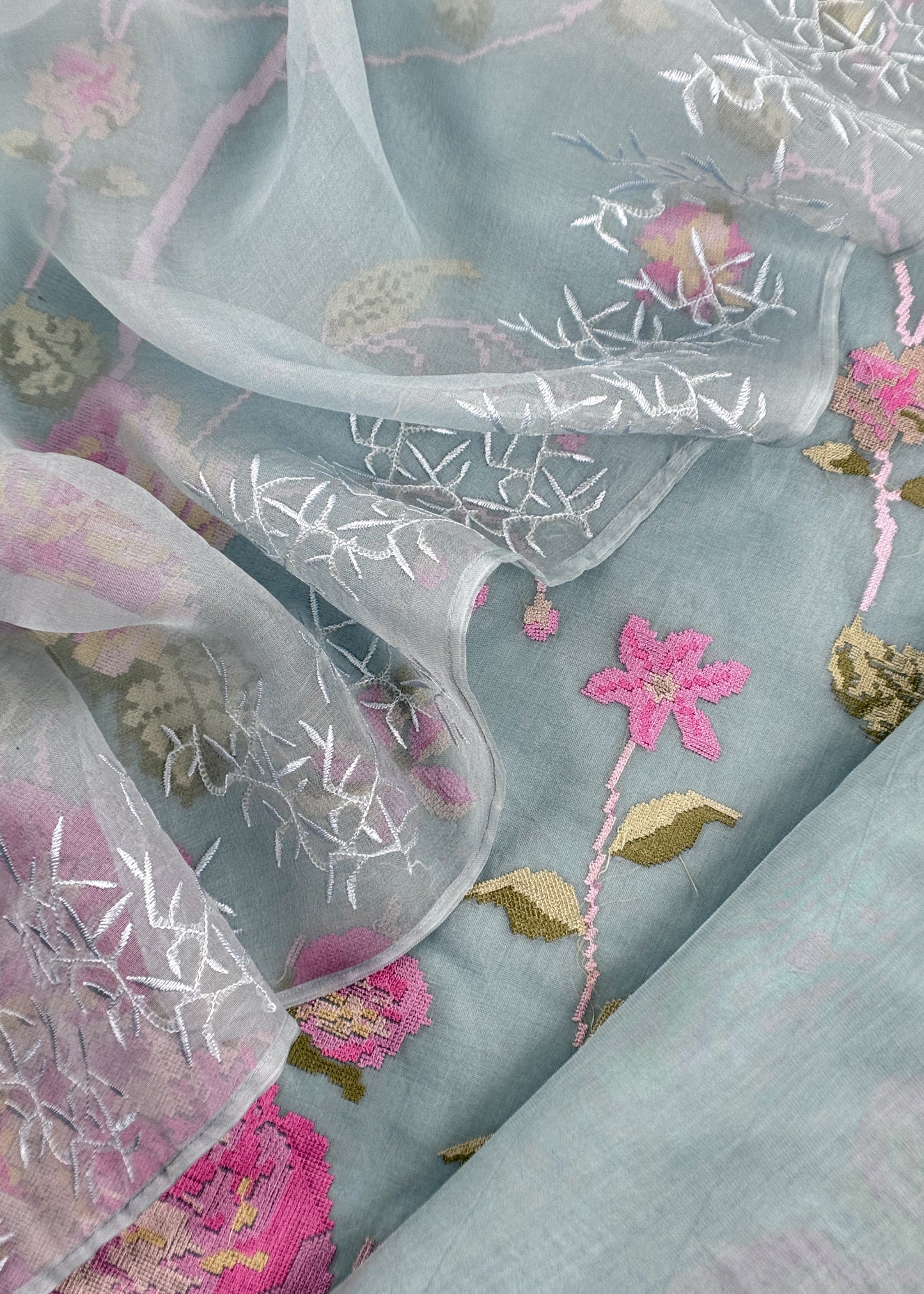 Senorita Dreamy  Blue Handloom Organza Silk Suit Fabric With Cross-Stitch Embroidery