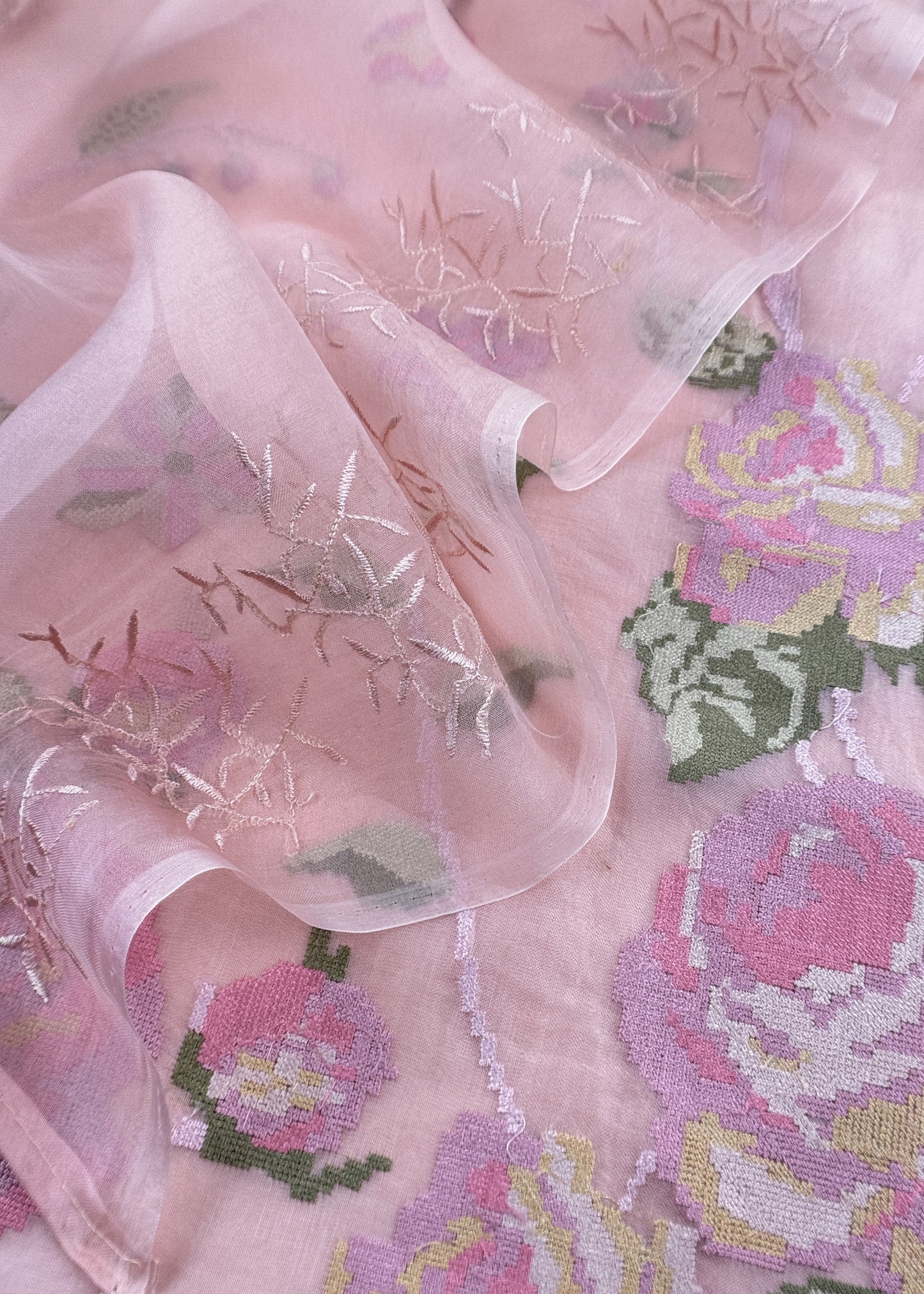 Senorita Dreamy Baby Pink Handloom Organza Silk Suit Fabric With Cross-Stitch Embroidery