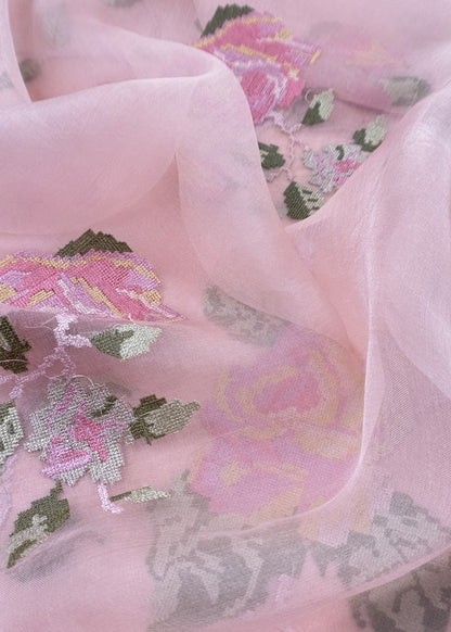 Senorita Dreamy Baby Pink Handloom Organza Silk Suit Fabric With Cross-Stitch Embroidery
