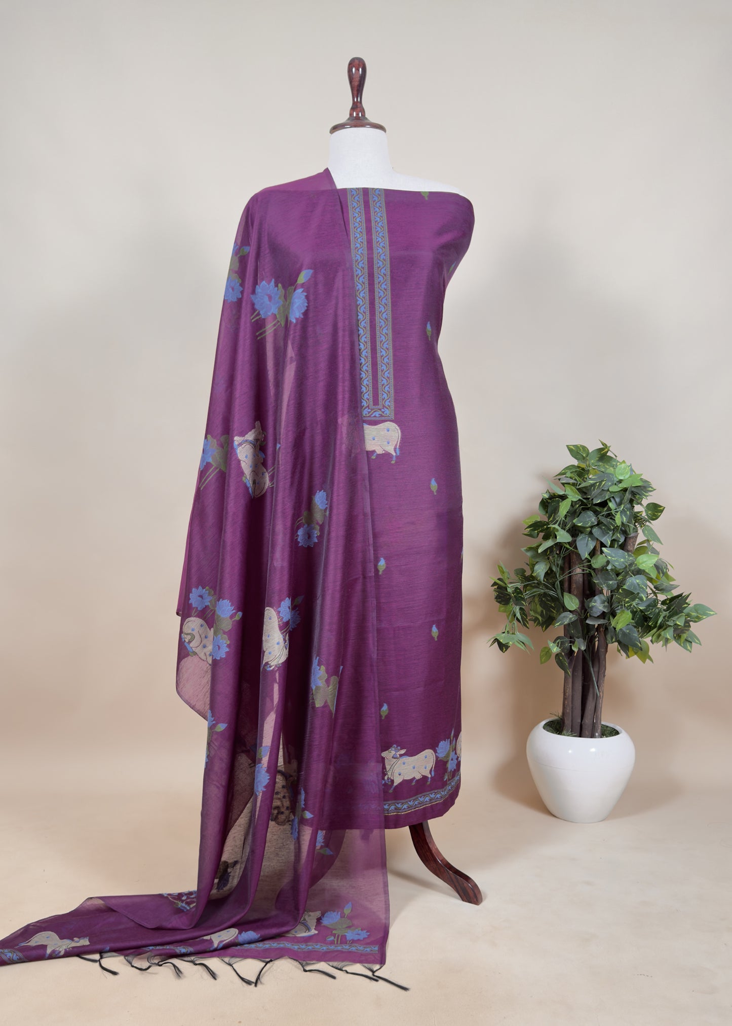 Forest Green Unstitched Chanderi Dupatta-Suit With Pichwai Jamdani Weaving