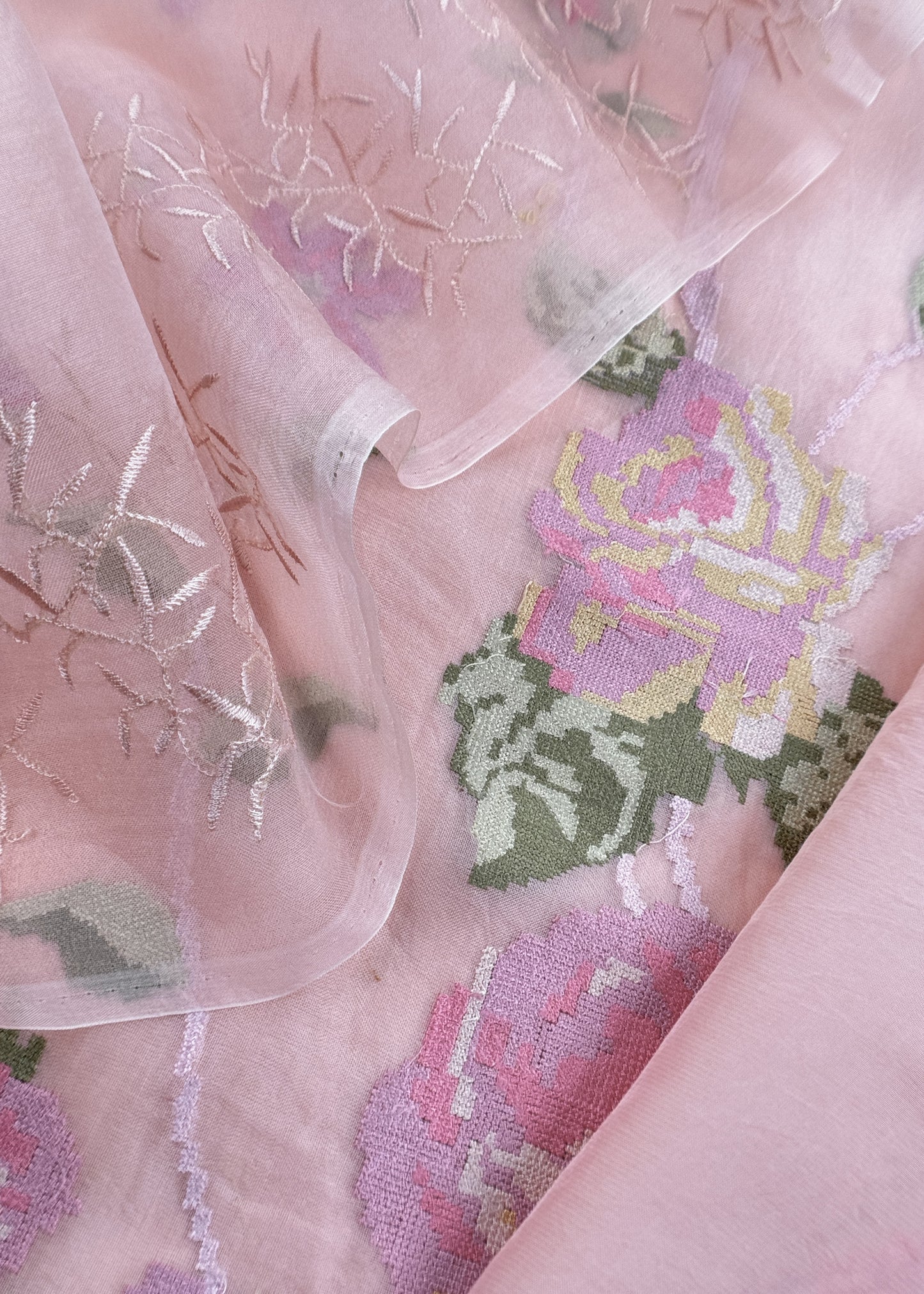 Senorita Dreamy Baby Pink Handloom Organza Silk Suit Fabric With Cross-Stitch Embroidery