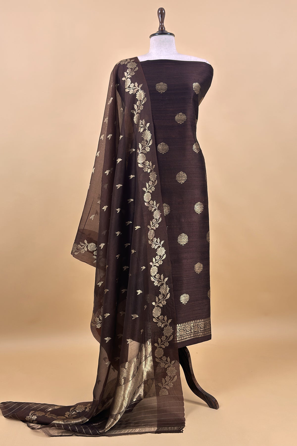 Chocolate Brown Handloom Raw Silk Kurta And Kora Silk Dupatta With Gold Kadwa Weaving
