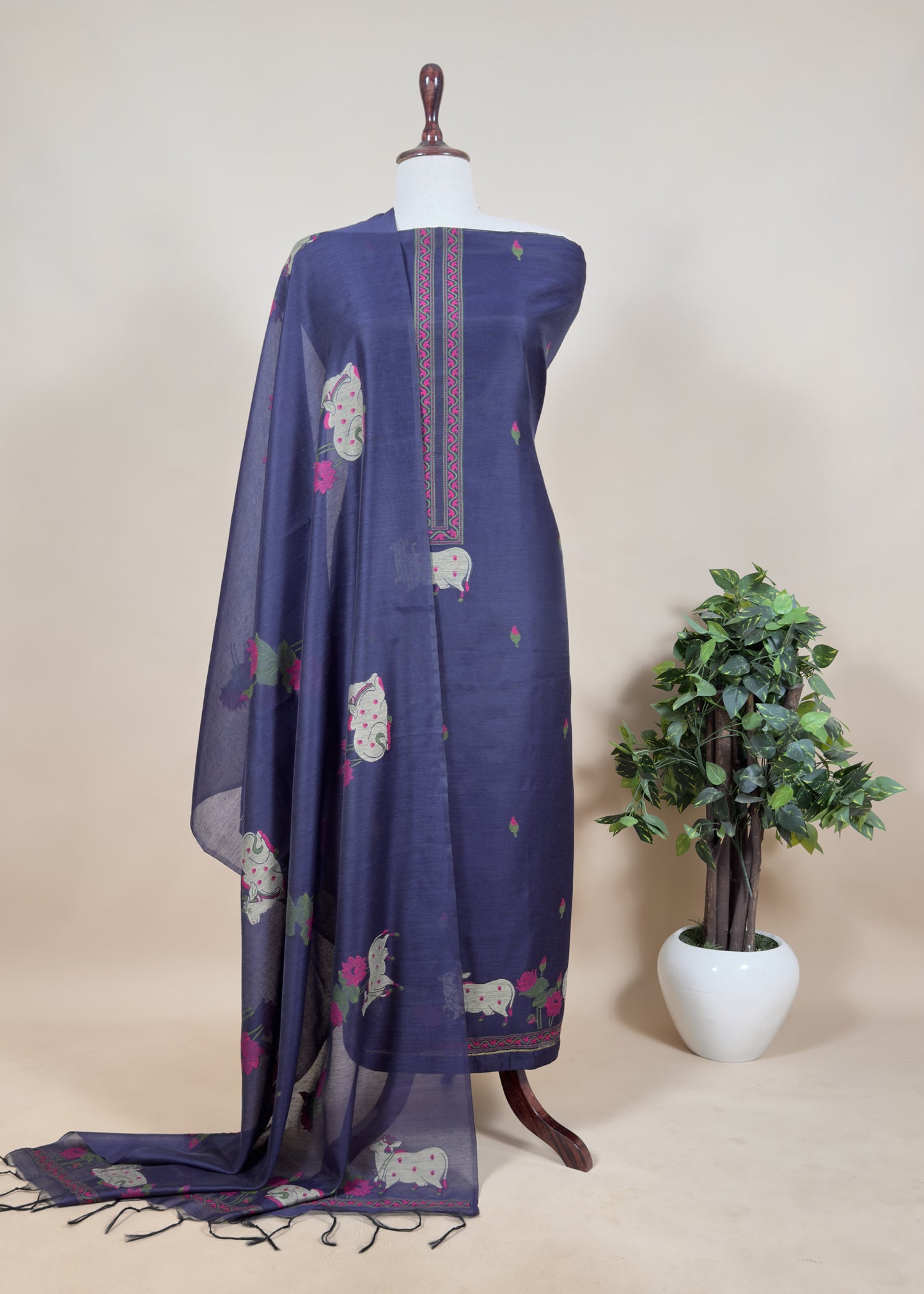 Black Unstitched Chanderi Dupatta-Suit With Pichwai Jamdani Weaving