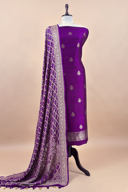 Violet Handloom Raw Silk Suit With Khaddi Georgette Silk Dupatta