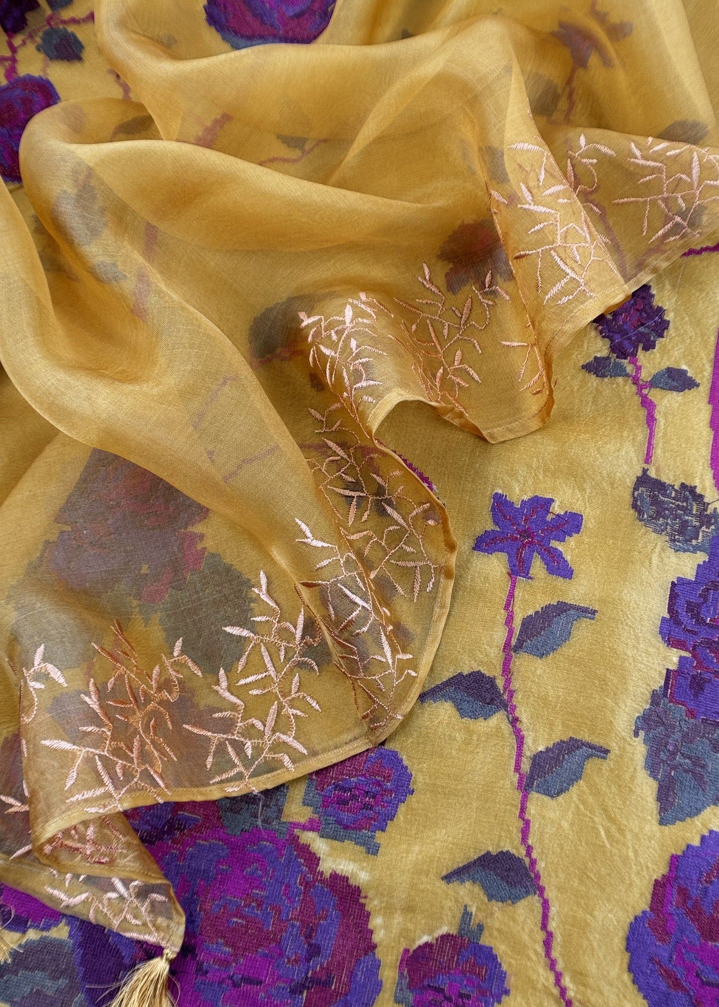 Senorita Dreamy Yellow Handloom Organza Silk Suit Fabric With Cross-Stitch Embroidery
