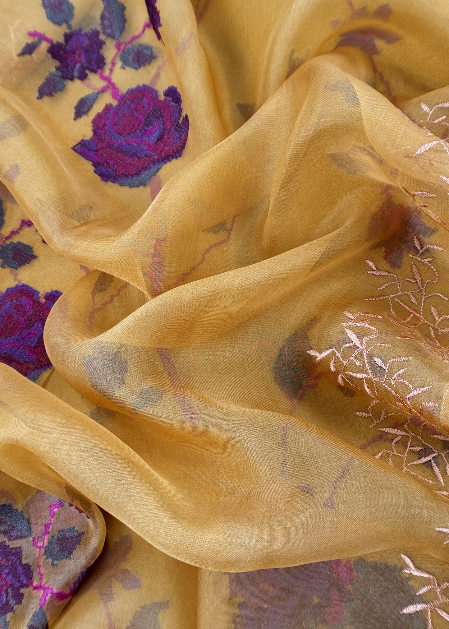 Senorita Dreamy Yellow Handloom Organza Silk Suit Fabric With Cross-Stitch Embroidery