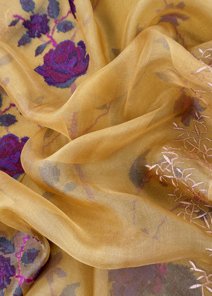 Senorita Dreamy Yellow Handloom Organza Silk Suit Fabric With Cross-Stitch Embroidery