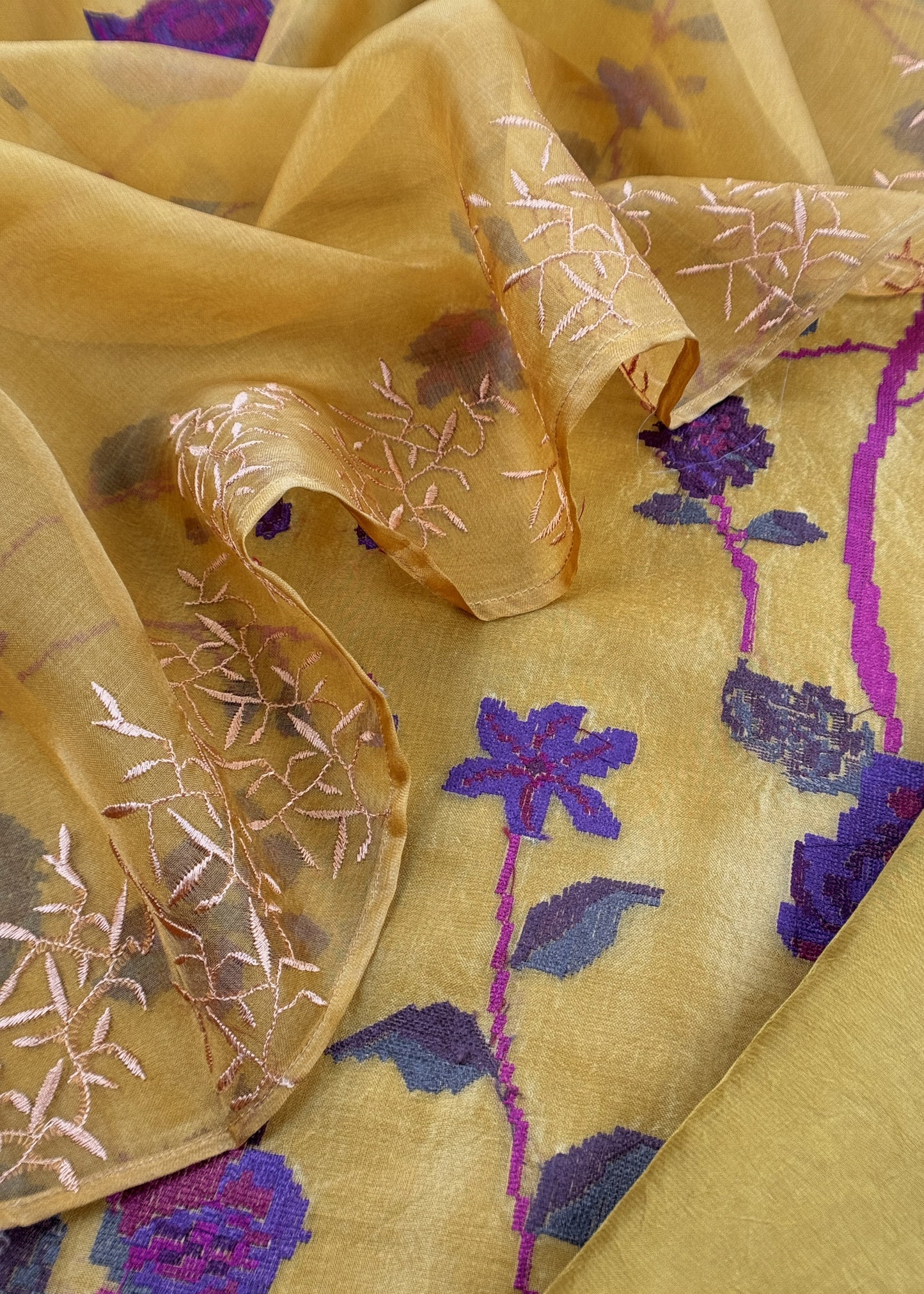 Senorita Dreamy Yellow Handloom Organza Silk Suit Fabric With Cross-Stitch Embroidery