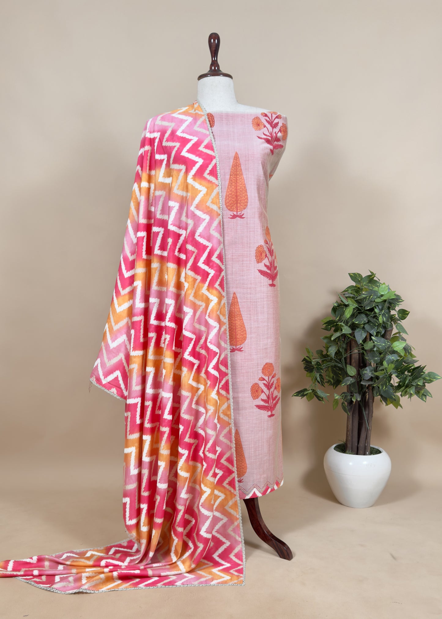 Pink Chanderi Hand-block Print Unstitched suit