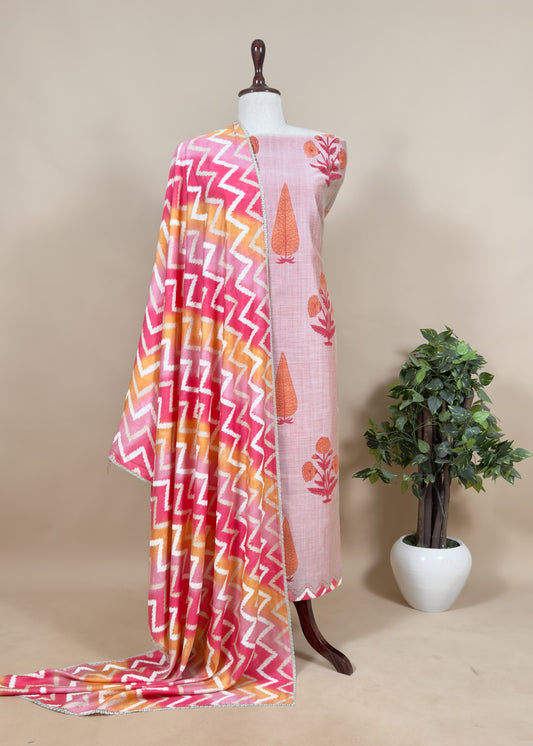 Pink Chanderi Hand-Block Print Unstitched Suit