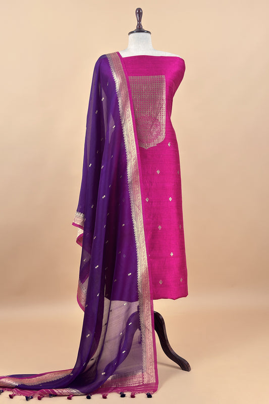 Pink Handloom Raw Silk Kurta And Kora Silk Dupatta With Kadwa Weaving