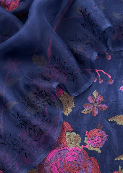 Senorita Dreamy Navy Blue Handloom Organza Silk Suit Fabric With Cross-Stitch Embroidery