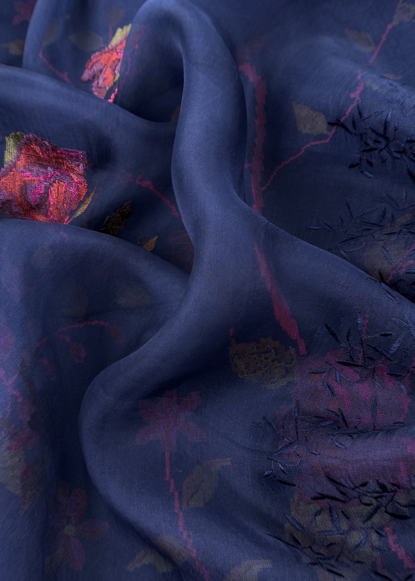 Senorita Dreamy Navy Blue Handloom Organza Silk Suit Fabric With Cross-Stitch Embroidery