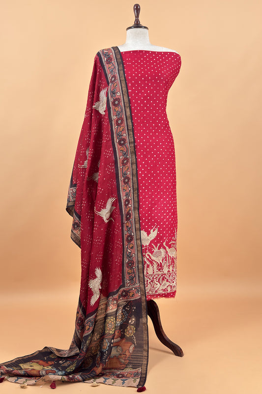 Red Flamingo Handloom Desi Tussar Bandhani Kurta And Authentic Hand-Painted Kalamkari Dupatta