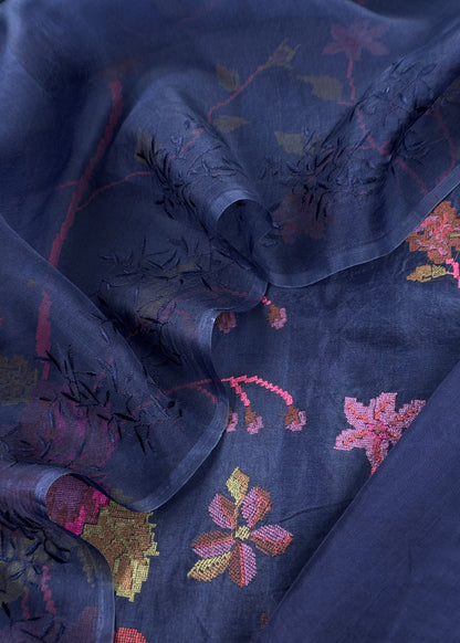 Senorita Dreamy Navy Blue Handloom Organza Silk Suit Fabric With Cross-Stitch Embroidery