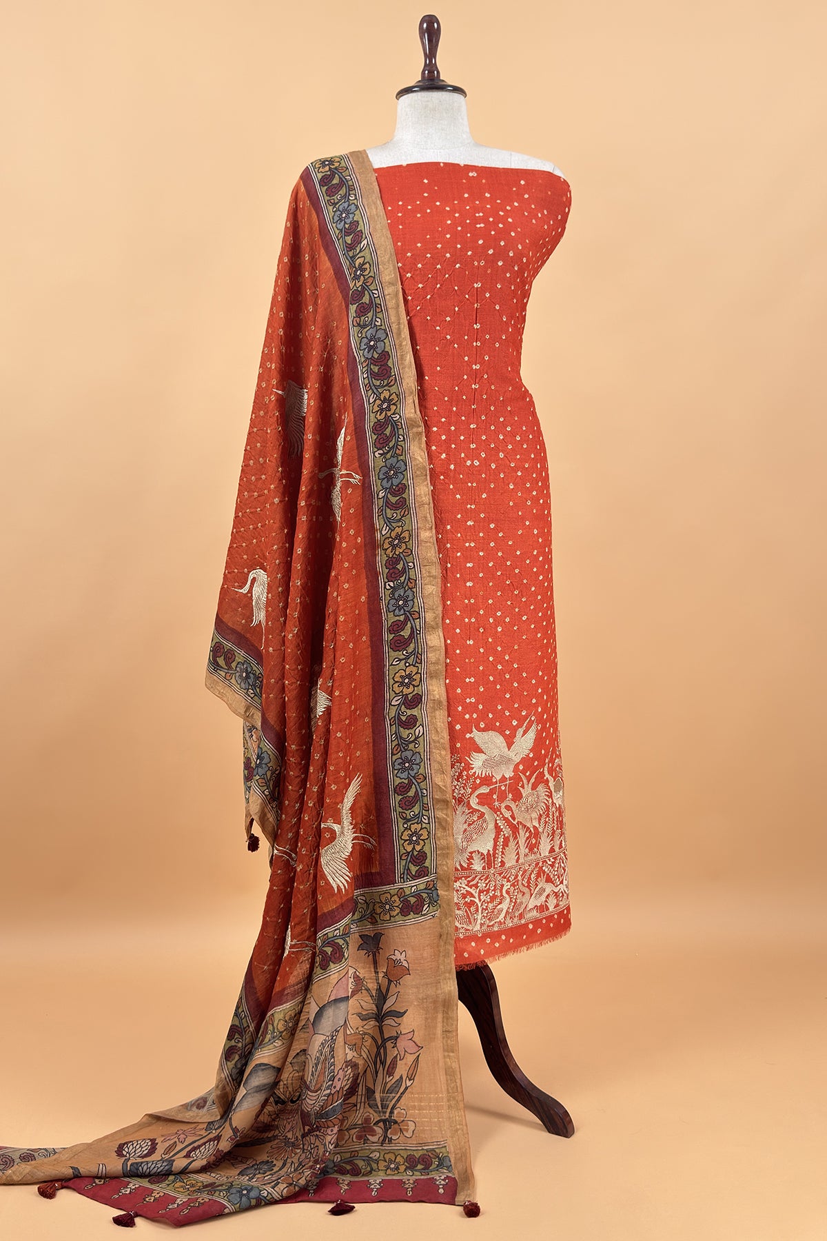 Orange Flamingo Handloom Desi Tussar Bandhani Kurta And Authentic Hand-Painted Kalamkari Dupatta