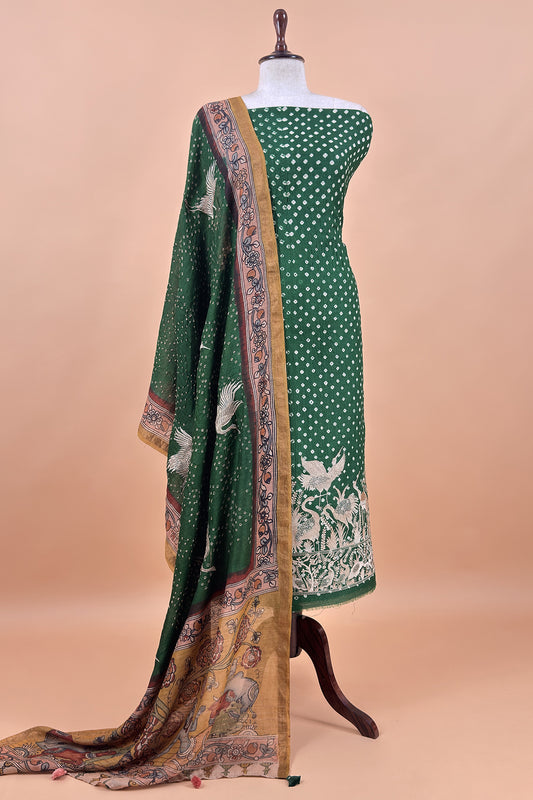 Derk Green Flamingo Handloom Desi Tussar Bandhani Kurta And Authentic Hand-Painted Kalamkari Dupatta