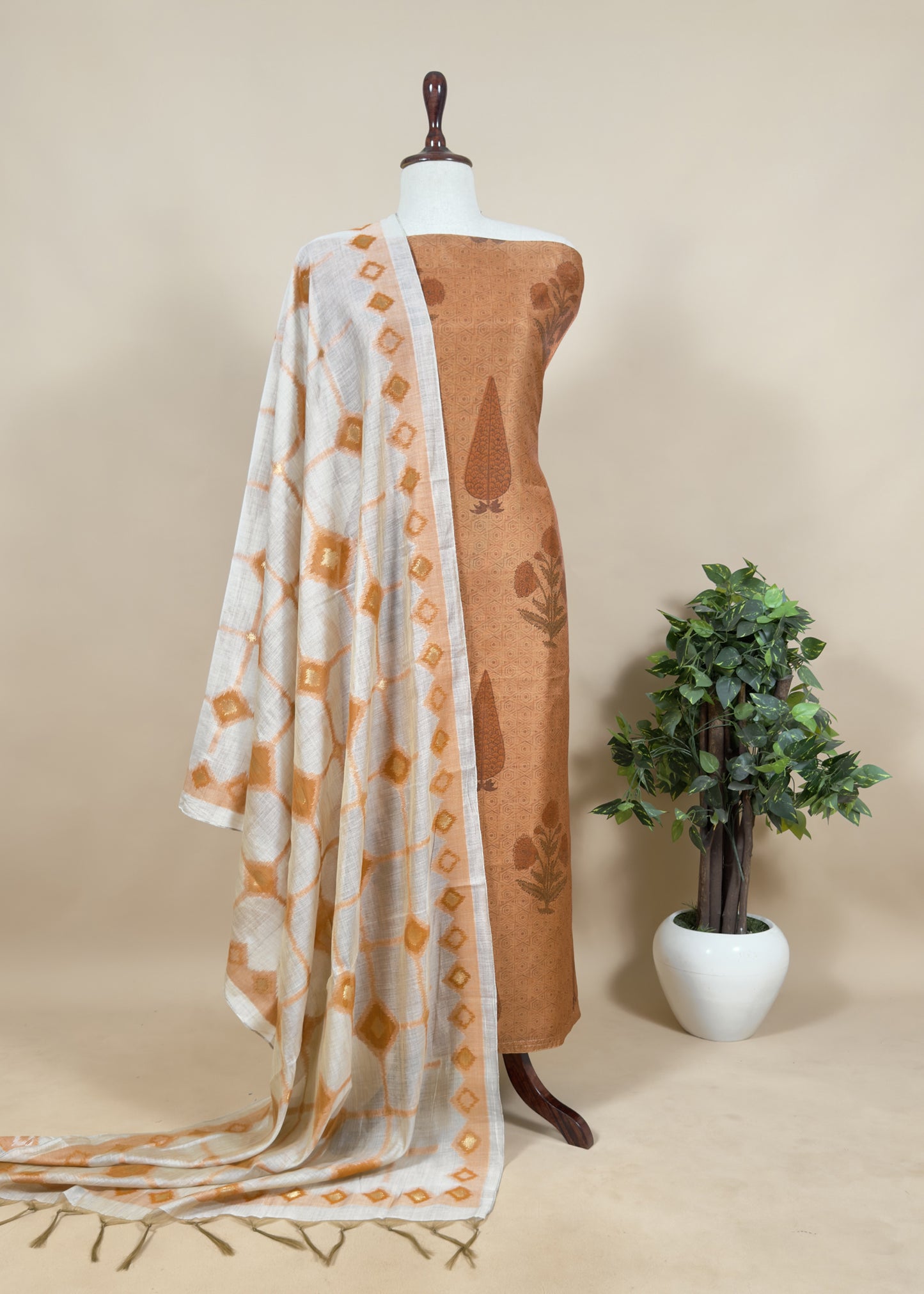 American Brown Chanderi Hand-block Suit With Off White Jamdani Dupatta