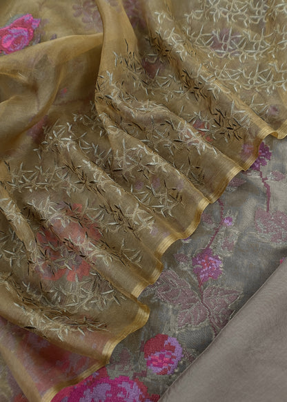 Senorita Dreamy Mehndi Green Handloom Organza Silk Suit Fabric With Cross-Stitch Embroidery
