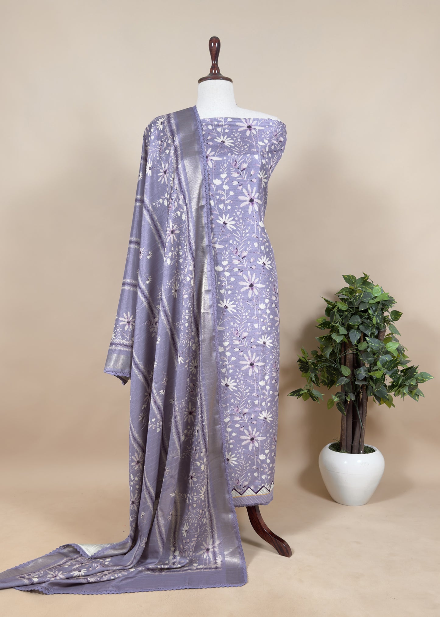 Purple Chanderi Unstitched Suit In Kantha Border