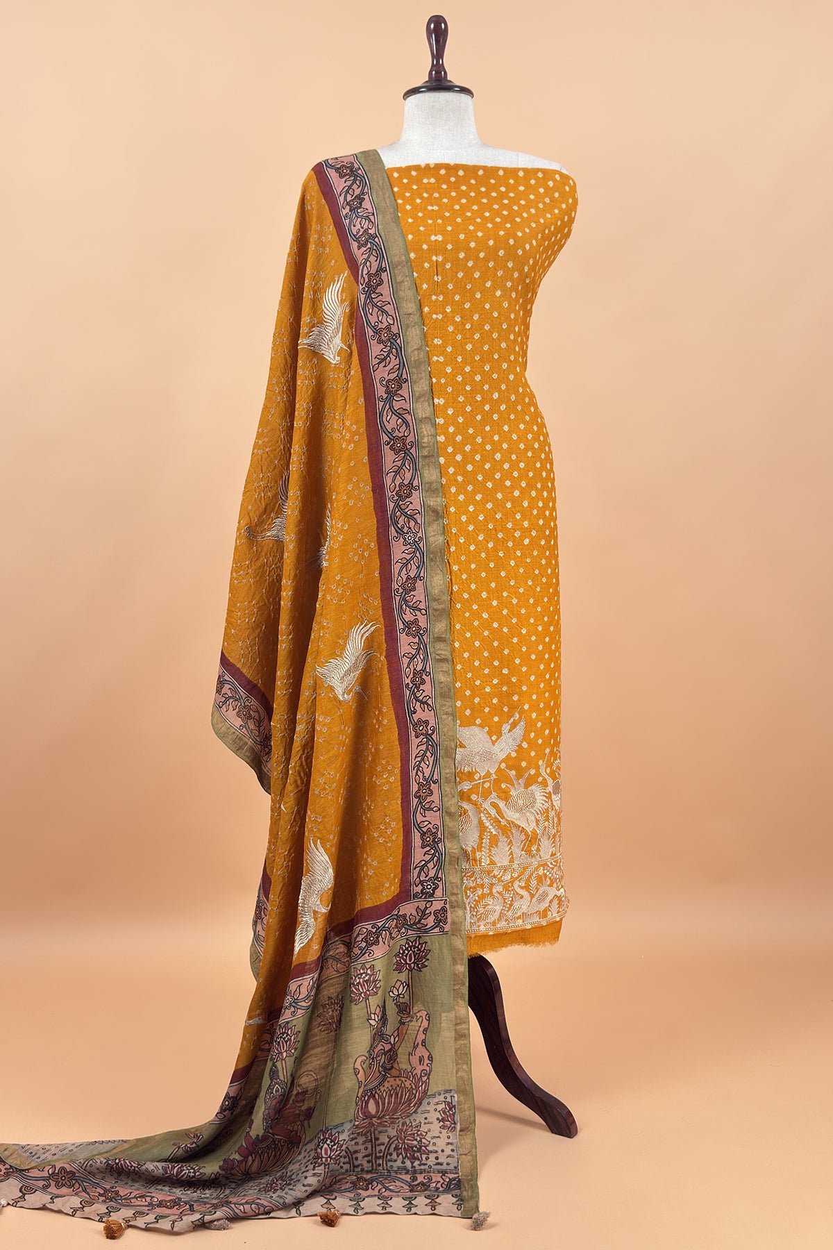 Yellow Flamingo Handloom Desi Tussar Bandhani Kurta And Authentic Hand-Painted Kalamkari Dupatta