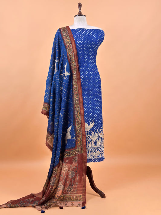 Derk Blue Flamingo Handloom Desi Tussar Bandhani Kurta And Authentic Hand-Painted Kalamkari Dupatta