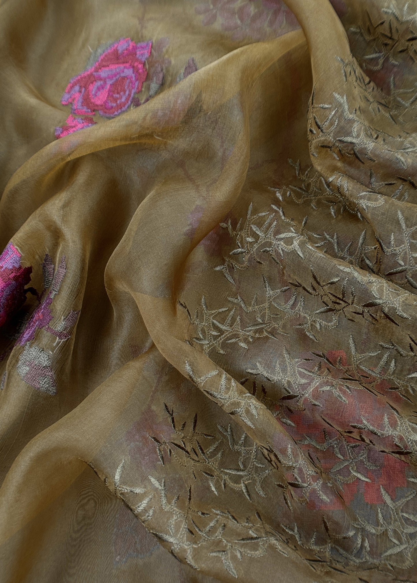 Senorita Dreamy Mehndi Green Handloom Organza Silk Suit Fabric With Cross-Stitch Embroidery