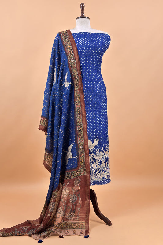 Derk Blue Flamingo Handloom Desi Tussar Bandhani Kurta And Authentic Hand-Painted Kalamkari Dupatta