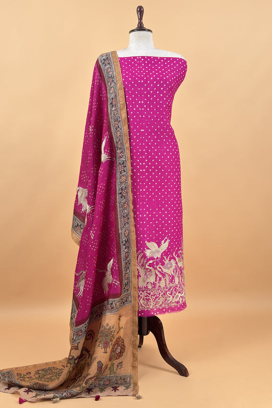 Rani Pink Flamingo Handloom Desi Tussar Bandhani Kurta And Authentic Hand-Painted Kalamkari Dupatta