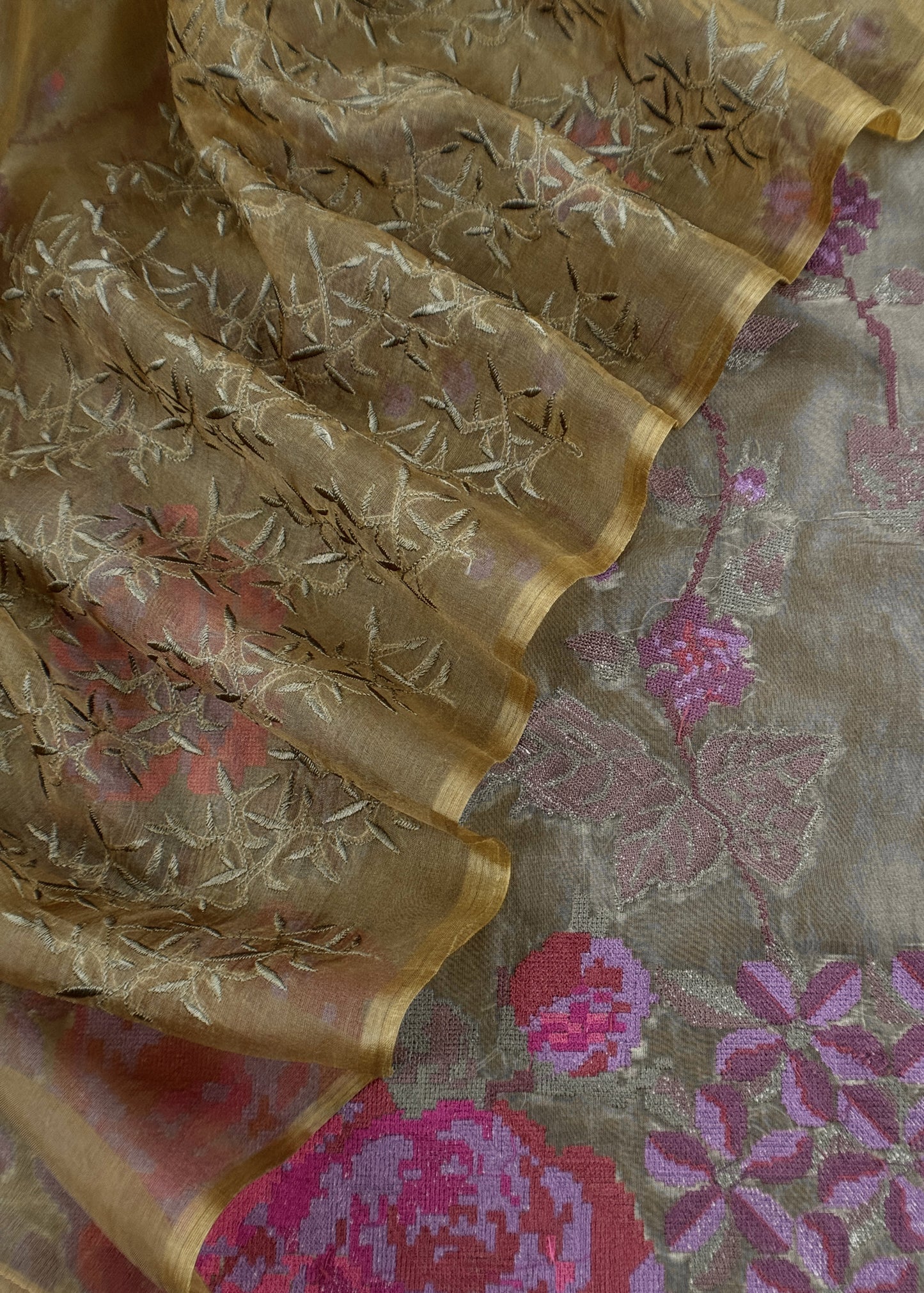 Senorita Dreamy Mehndi Green Handloom Organza Silk Suit Fabric With Cross-Stitch Embroidery