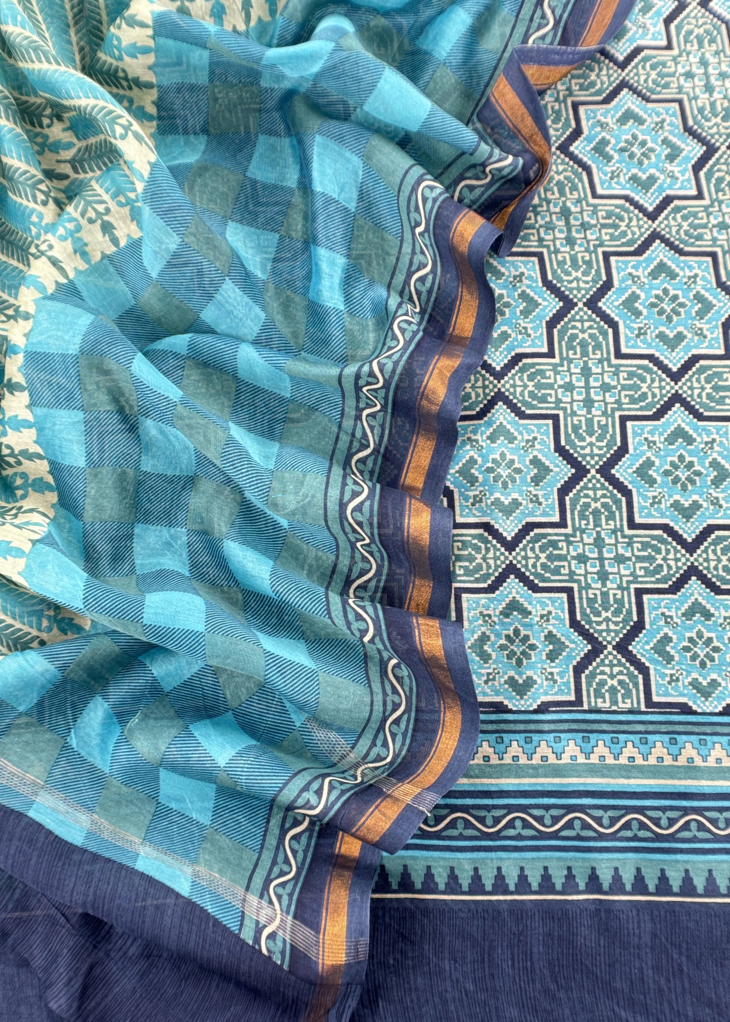 Blue Ajrakh Mahehswari Silk Unstitched Suit With Dupatta
