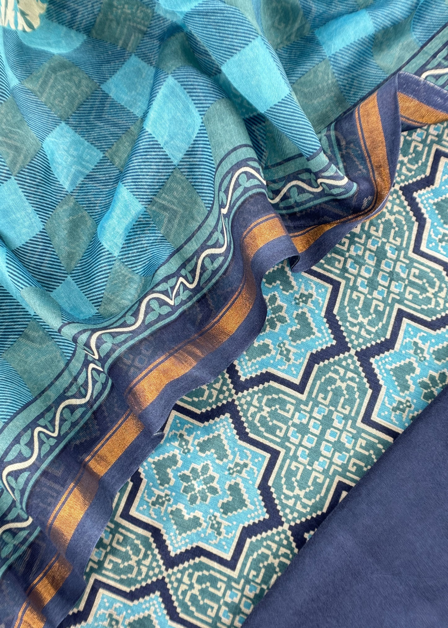 Blue Ajrakh Mahehswari Silk Unstitched Suit With Dupatta