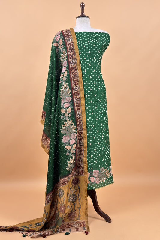 Dark GreenHandloom Desi Tussar Bandhani Kurta And Authentic Hand-Painted Kalamkari Dupatta