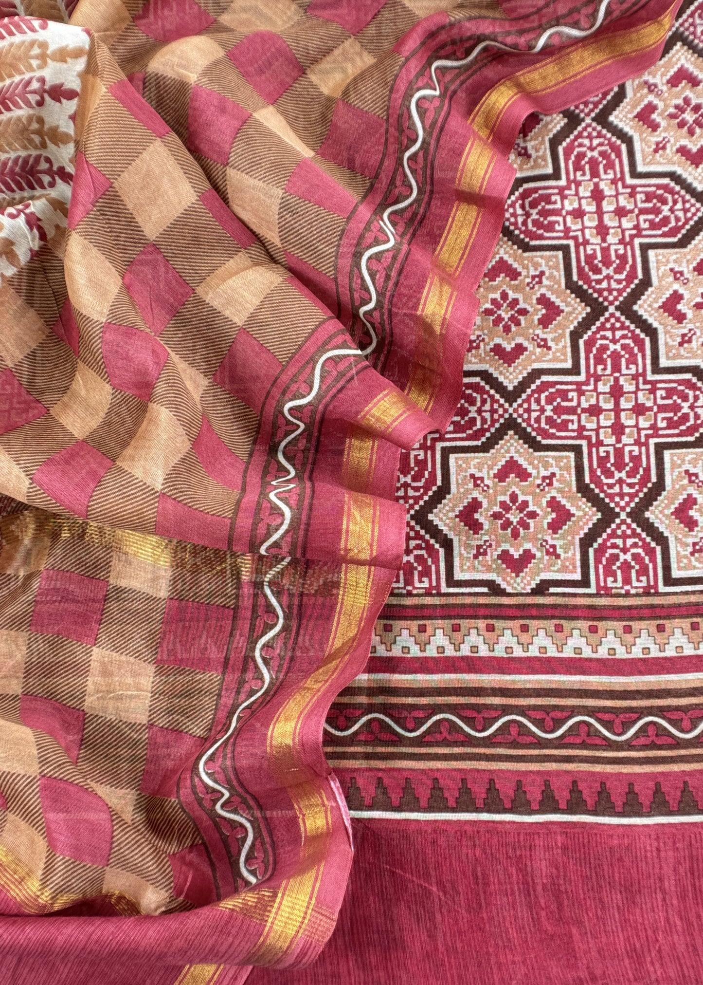 Red Ajrakh Mahehswari Silk Unstitched Suit With Dupatta