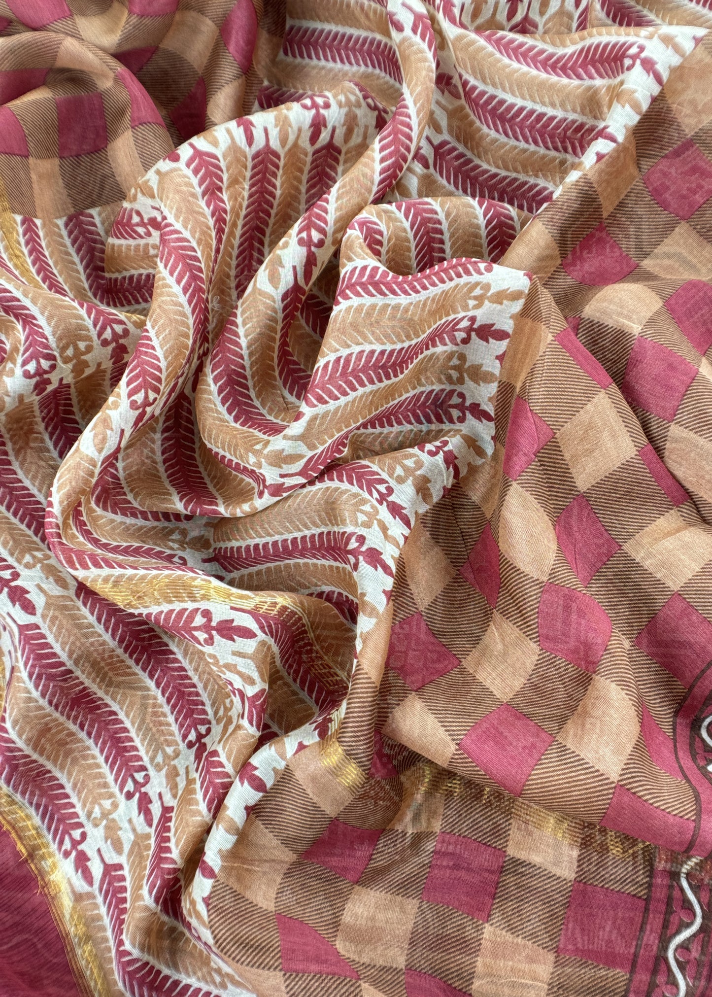 Red Ajrakh Mahehswari Silk Unstitched Suit With Dupatta