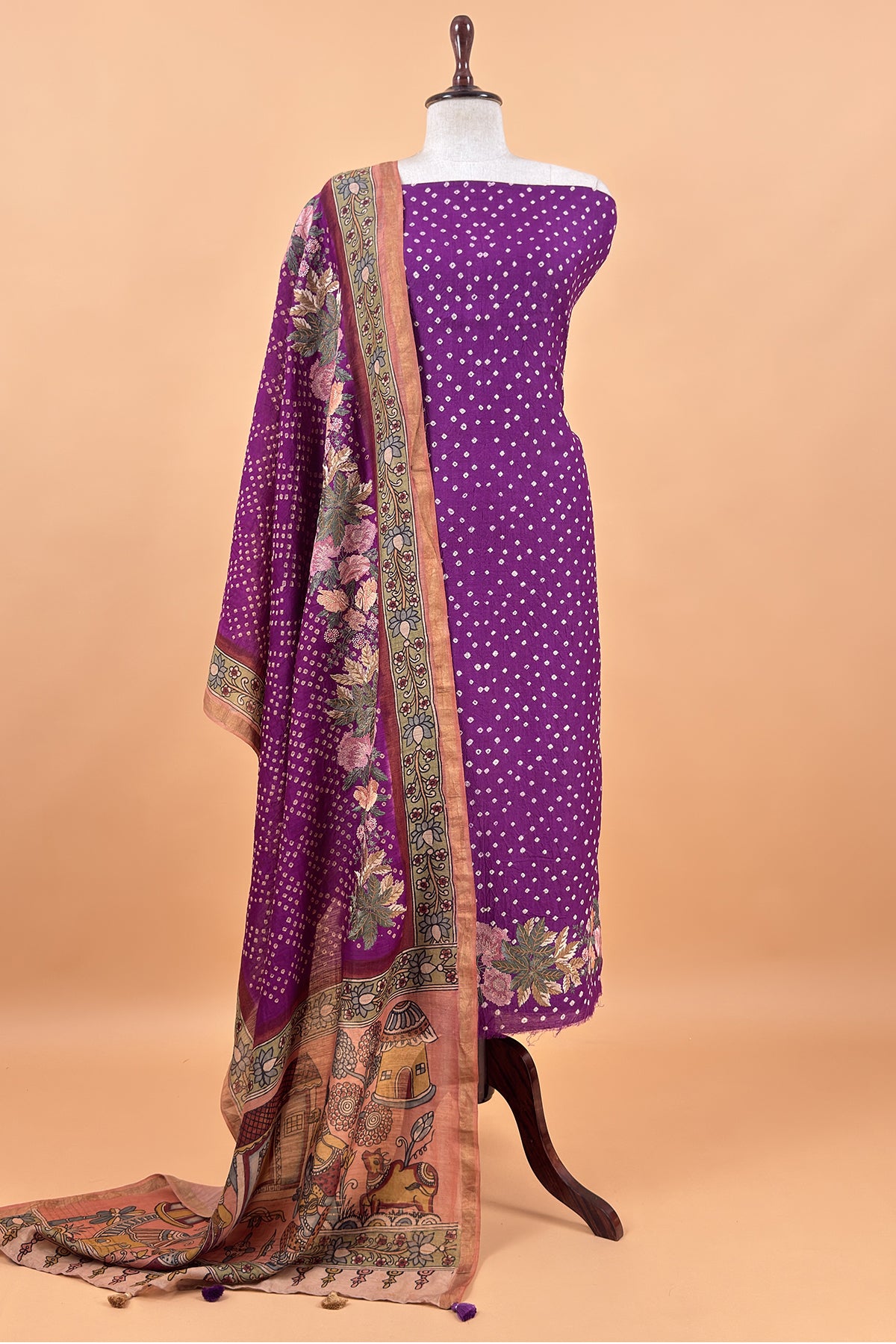 Purple Handloom Desi Tussar Bandhani Kurta And Authentic Hand-Painted Kalamkari Dupatta